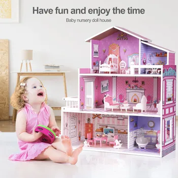 Дървена куклена къща за деца с мебели от 24 теми, куклена къща за предучилищна играчка