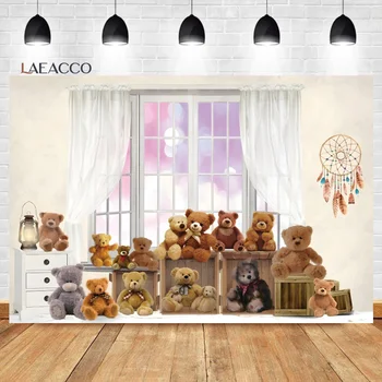 Laeacco Играчка мечки фон за рожден ден, романтични светлина, боке, прозорец за новородено, детски душ, портретна фотография, фонове