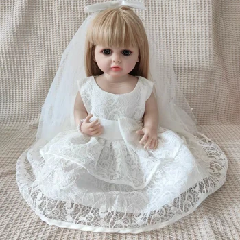 Кукла за новородени момичета 55 см, меки силиконови дълги златни коси, реалистична принцеса, бяла сватбена рокля за деца, детски подарък за рожден ден