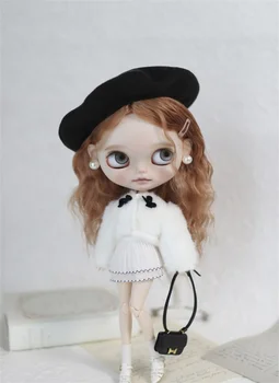Облекло за кукли Blythes подходящ за 1/6 размер OB24 модно ново бяло короткошерстное палто + проста бяла пола + черно лазерни шапка 3 бр.