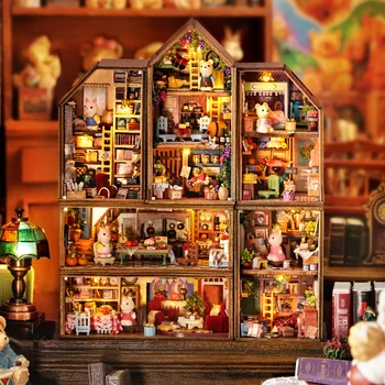 Къща в собствените си ръце дървена кукла, миниатюрни строителни блокове, градски комплекти с мебели, осветление, играчки за куклена къща за възрастни, подаръци за рожден ден